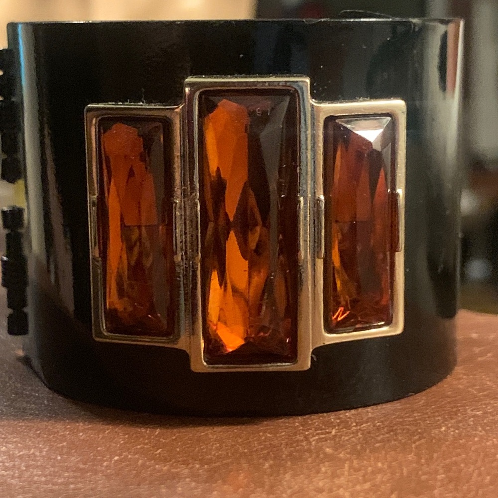 LEE ANGEL ART DECO MODERNIST OUNK GOTH BLACK ENAMELED METAL HINGED CUFF - Picture 2 of 12